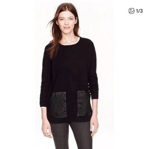 J. Crew Merino Wool Sweater Womens Medium Black Crewneck Leather Pockets